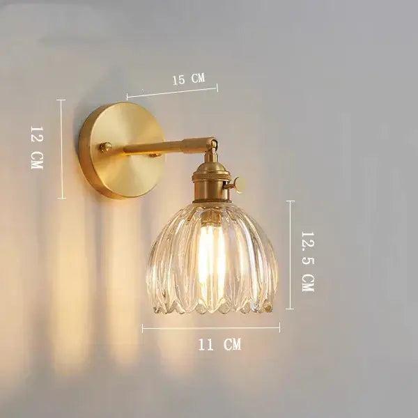 Vintage brass clear glass wall light bedroom ribbed sconce