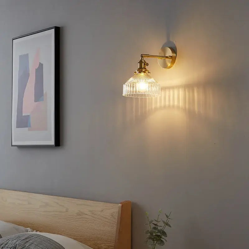 Vintage brass clear glass wall light bedroom ribbed sconce