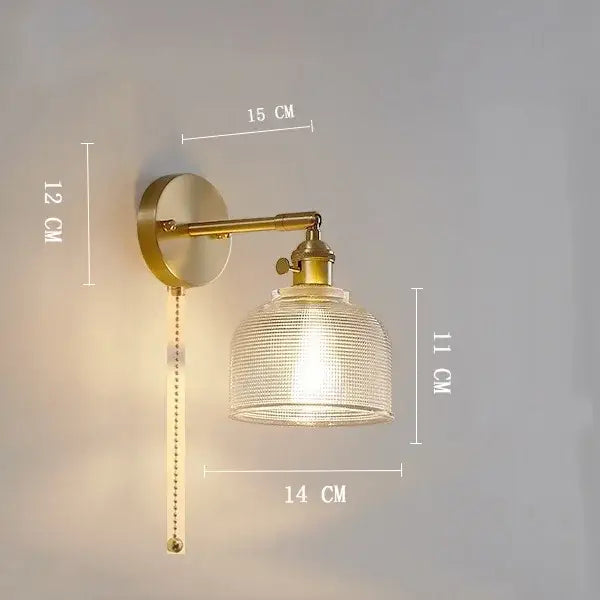 Vintage brass clear glass wall light bedroom ribbed sconce