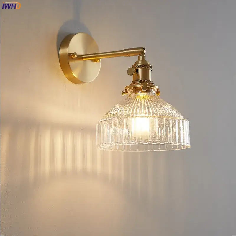 Vintage brass clear glass wall light bedroom ribbed sconce