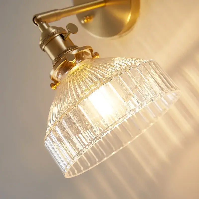 Vintage brass clear glass wall light bedroom ribbed sconce