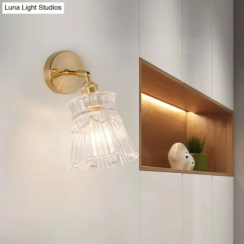 Vintage brass clear ribbed glass wall sconce bedroom led light