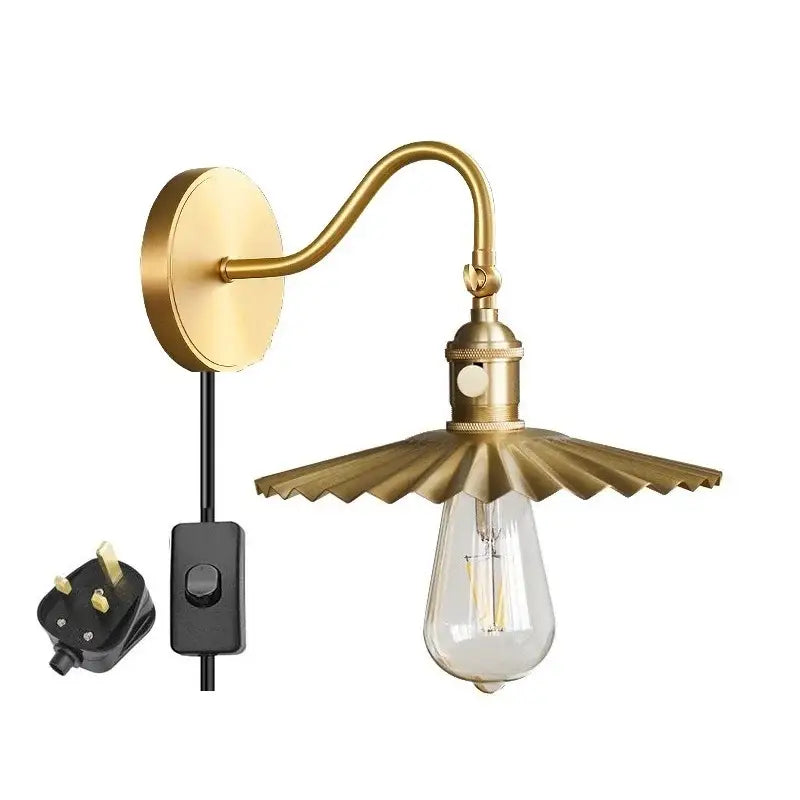 Vintage brass conical led copper wall lights for bedroom with pull chain