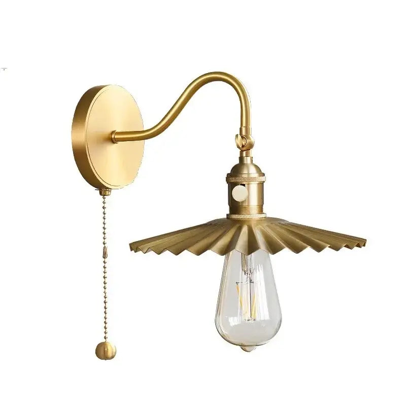 Vintage brass conical led copper wall lights for bedroom with pull chain