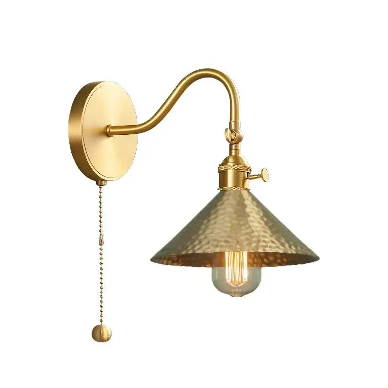 Vintage brass conical led copper wall lights for bedroom with pull chain