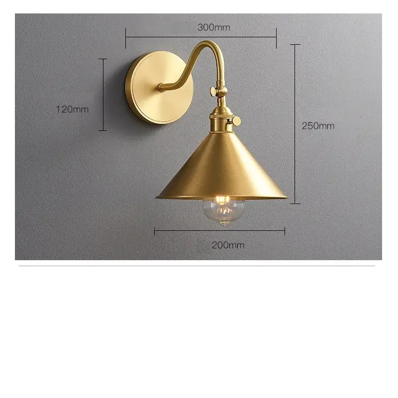 Vintage brass conical led copper wall lights for bedroom with pull chain