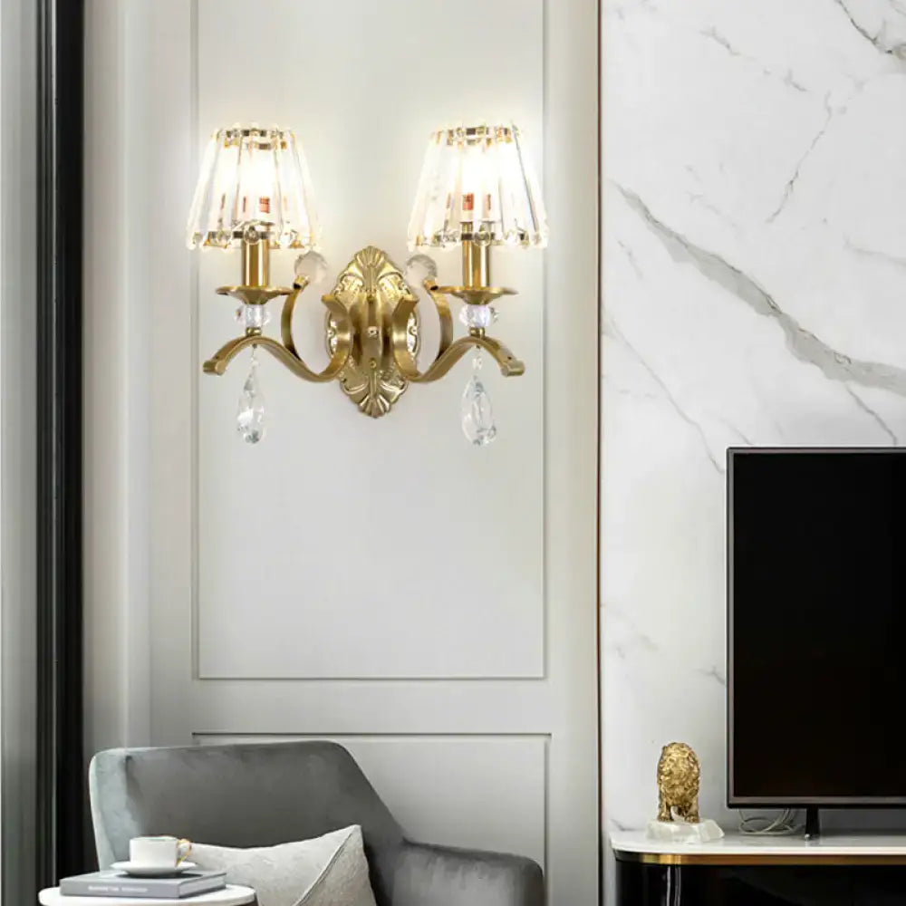 Vintage brass crystal fringe wall sconce living room e14 bulb base light