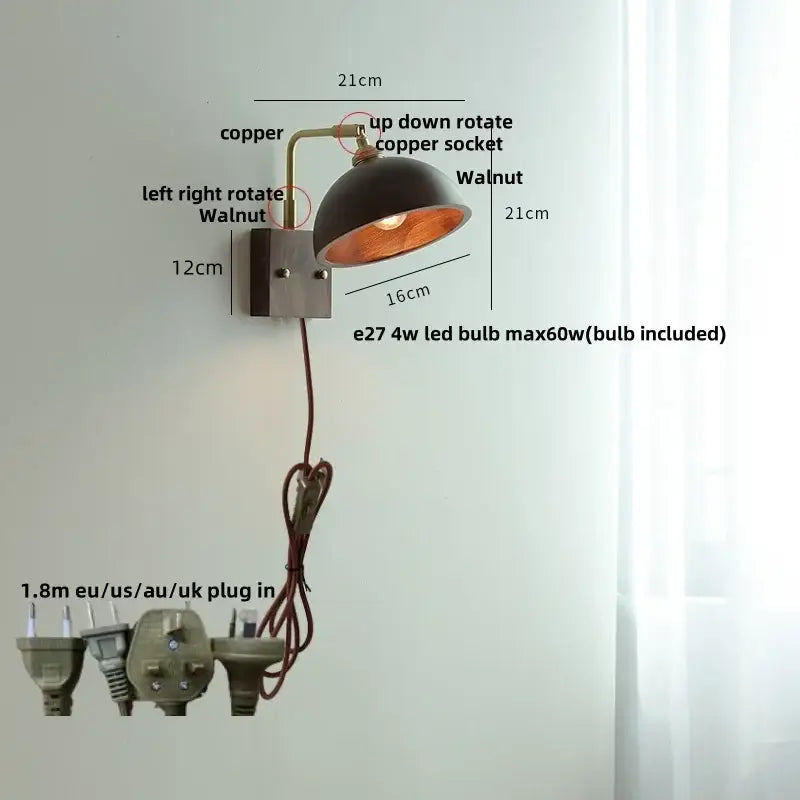 Vintage brass & dark wood wall light sconce bedroom pull chain lamp