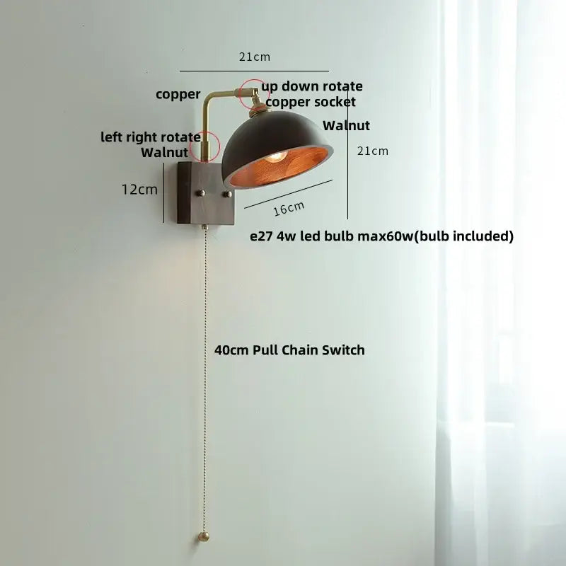 Vintage brass & dark wood wall light sconce bedroom pull chain lamp