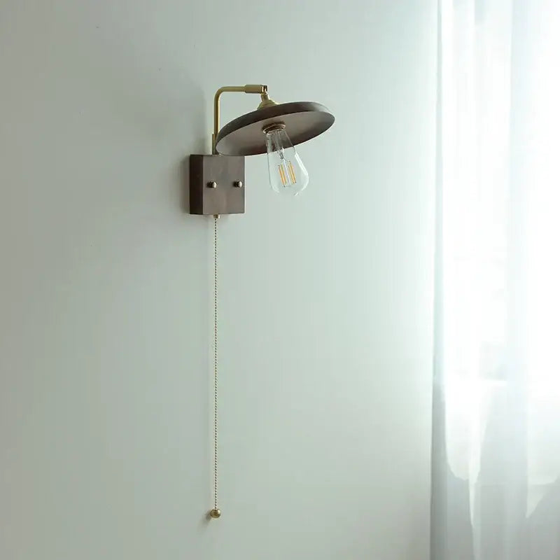 Vintage brass & dark wood wall light sconce bedroom pull chain lamp