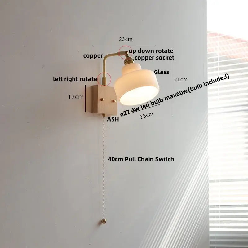 Vintage brass & dark wood wall light sconce bedroom pull chain lamp