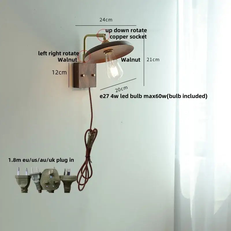 Vintage brass & dark wood wall light sconce bedroom pull chain lamp