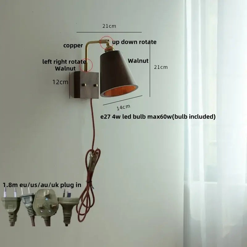 Vintage brass & dark wood wall light sconce bedroom pull chain lamp