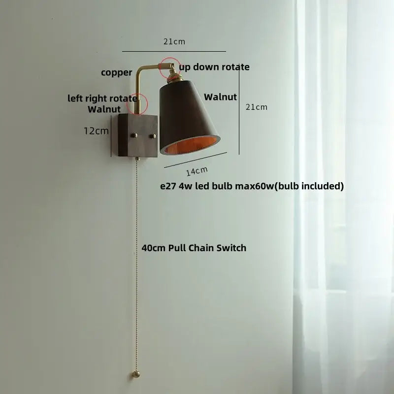 Vintage brass & dark wood wall light sconce bedroom pull chain lamp