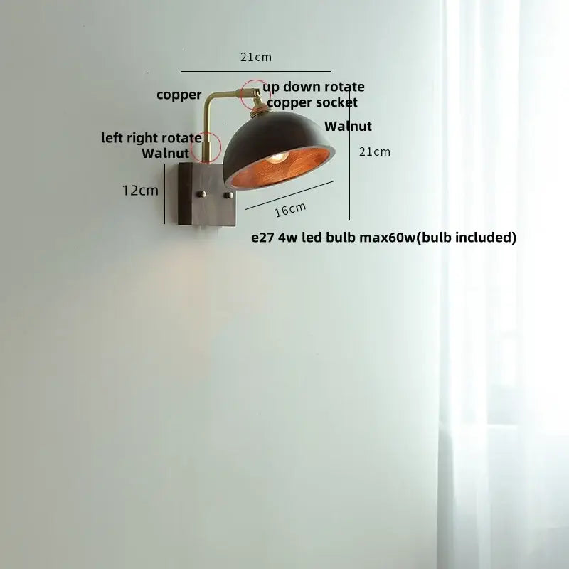 Vintage brass & dark wood wall light sconce bedroom pull chain lamp