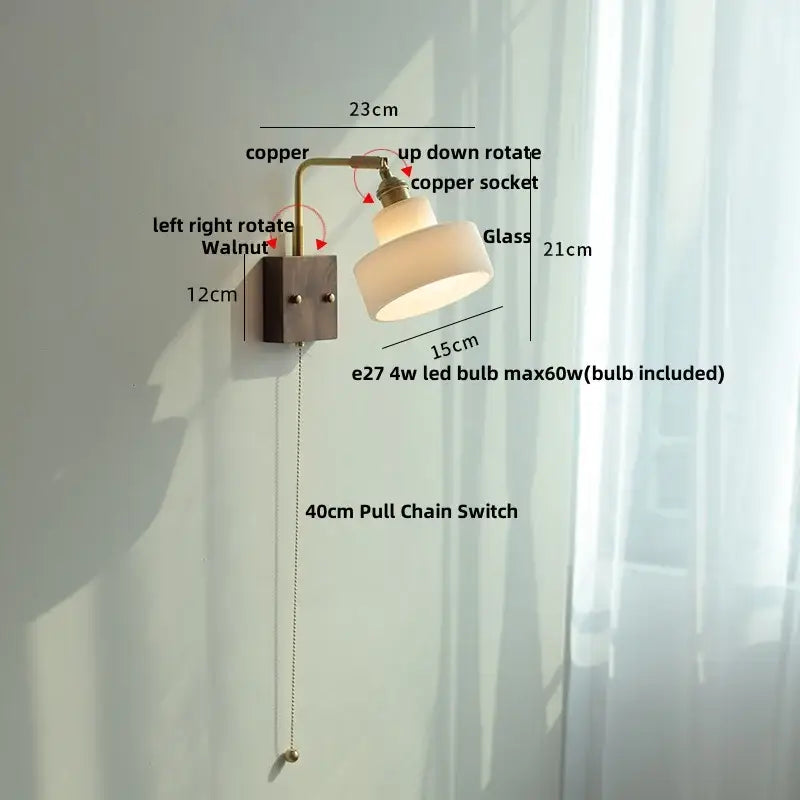 Vintage brass & dark wood wall light sconce bedroom pull chain lamp