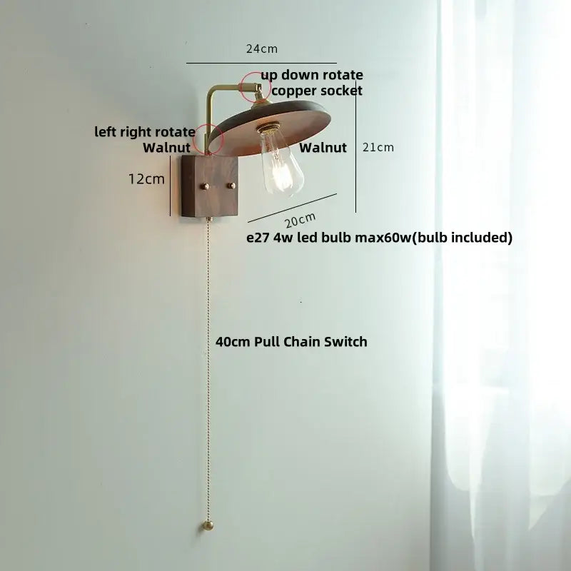 Vintage brass & dark wood wall light sconce bedroom pull chain lamp