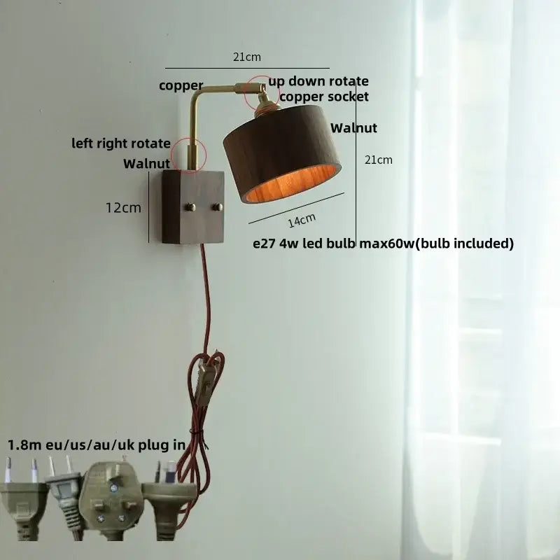 Vintage brass & dark wood wall light sconce bedroom pull chain lamp