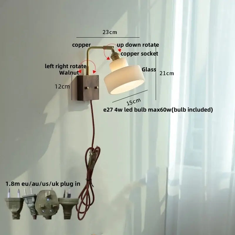 Vintage brass & dark wood wall light sconce bedroom pull chain lamp