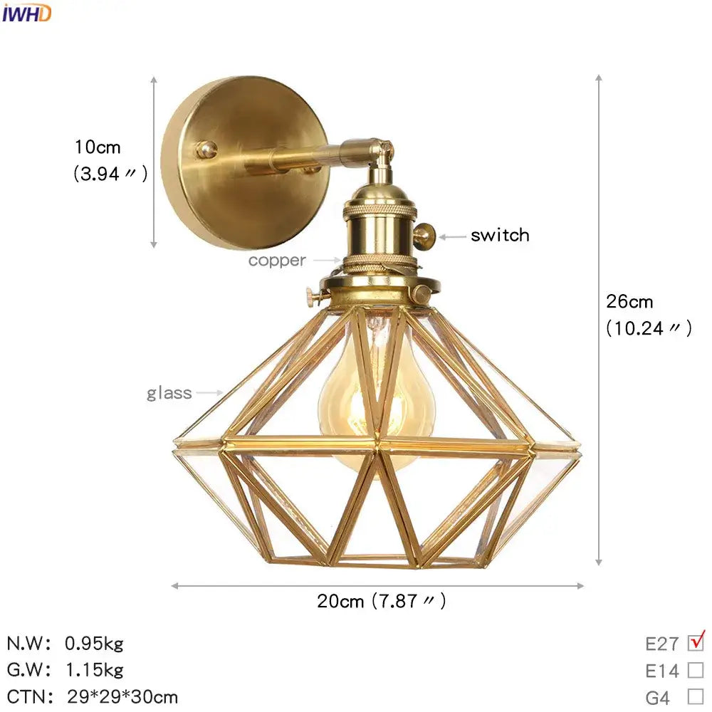 Vintage brass etched glass globe led wall light bedroom sconce