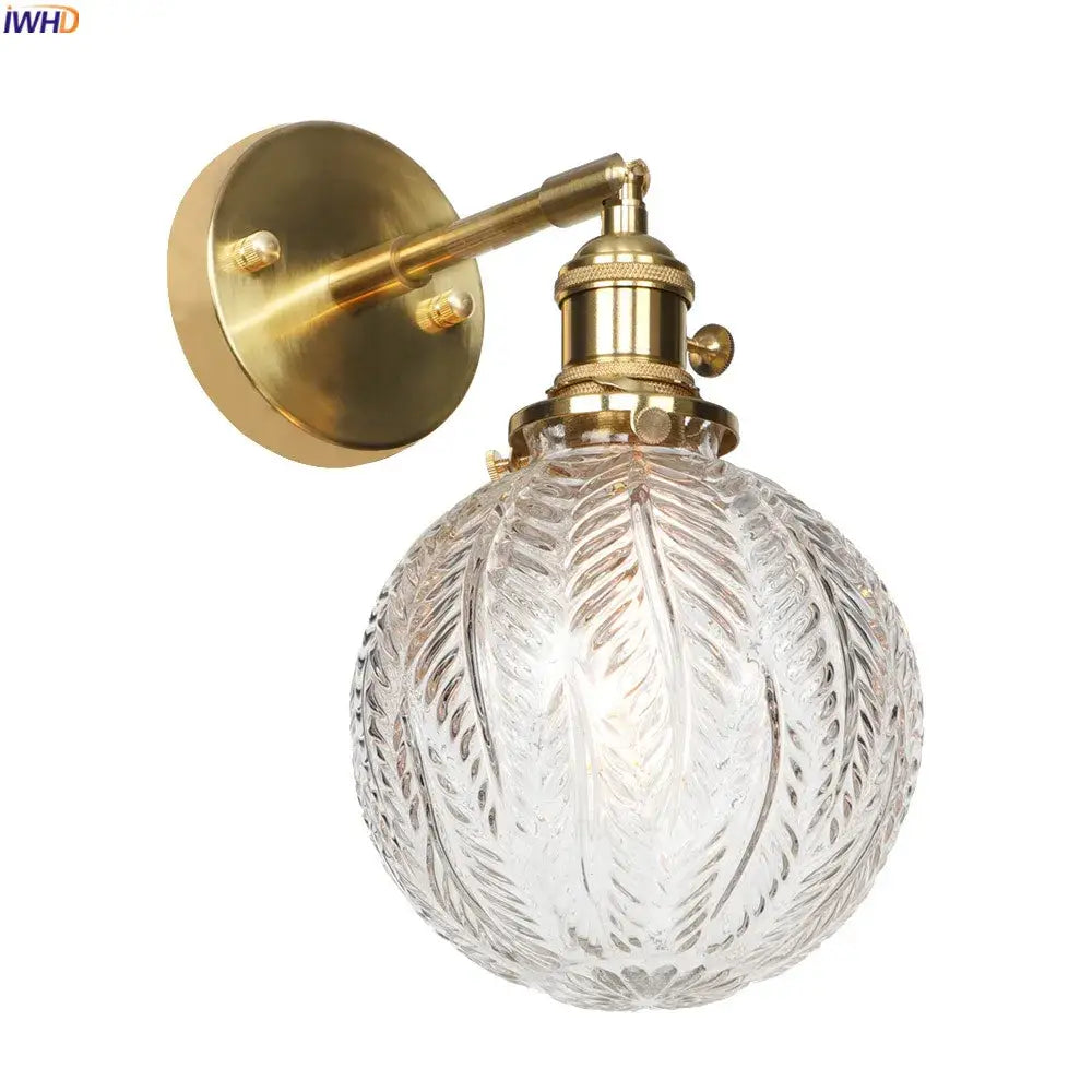 Vintage brass etched glass globe led wall light bedroom sconce