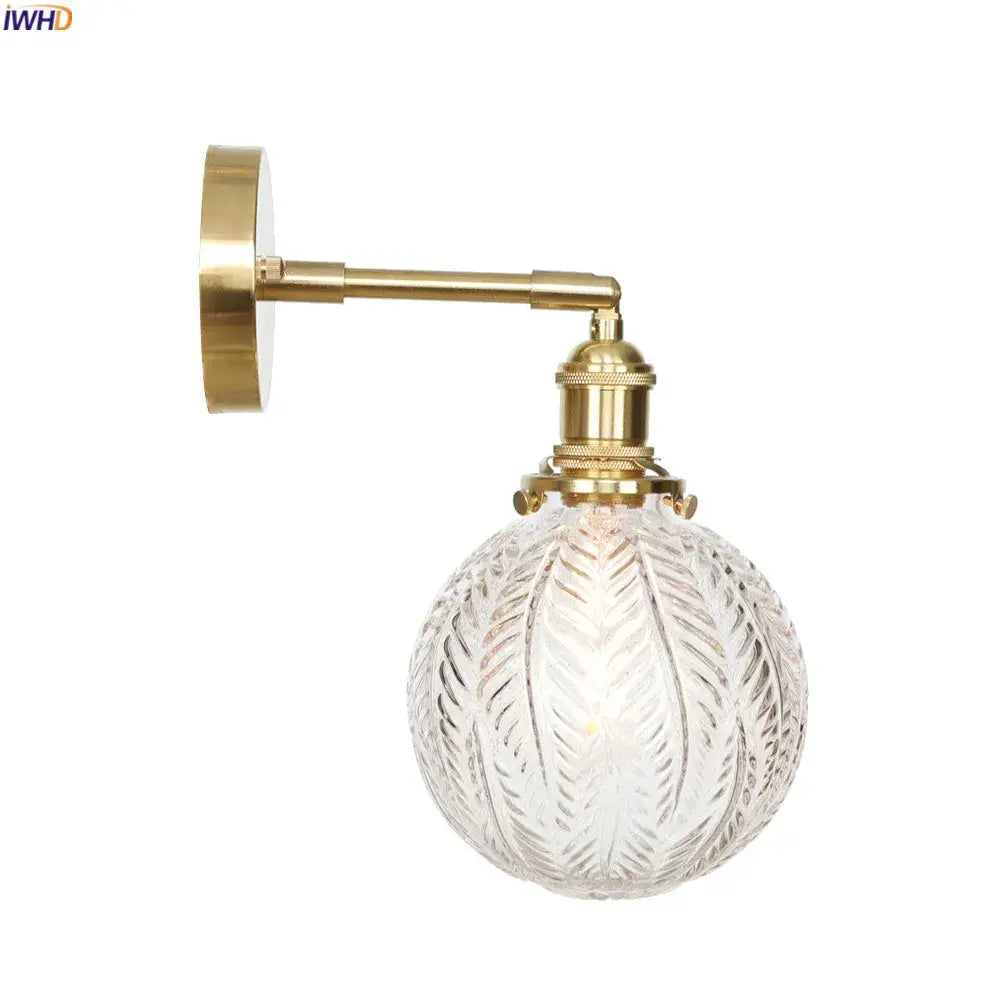 Vintage brass etched glass globe led wall light bedroom sconce