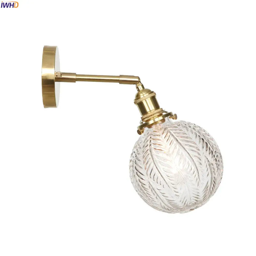 Vintage brass etched glass globe led wall light bedroom sconce