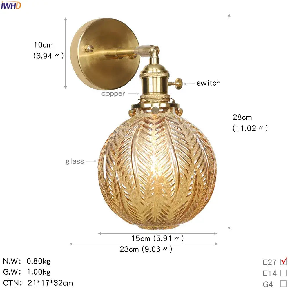 Vintage brass etched glass globe led wall light bedroom sconce