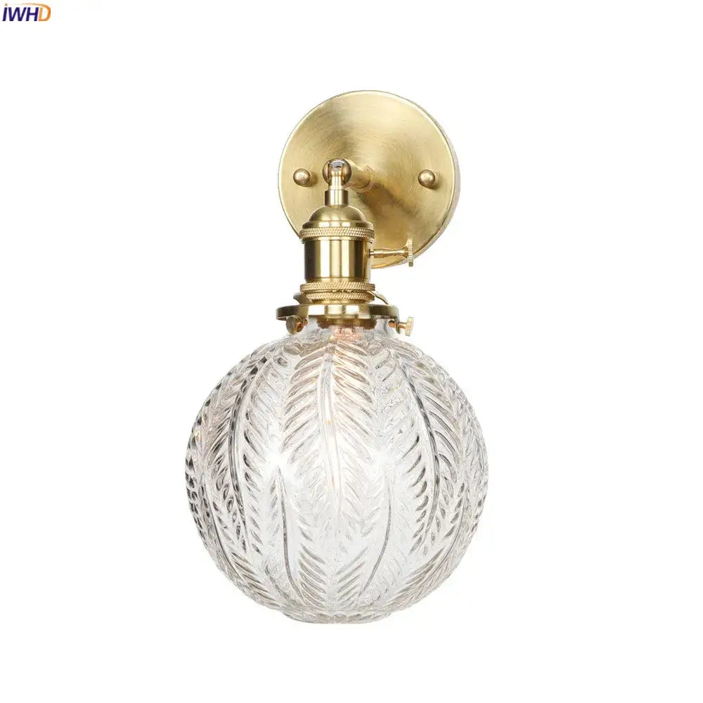 Vintage brass etched glass globe led wall light bedroom sconce