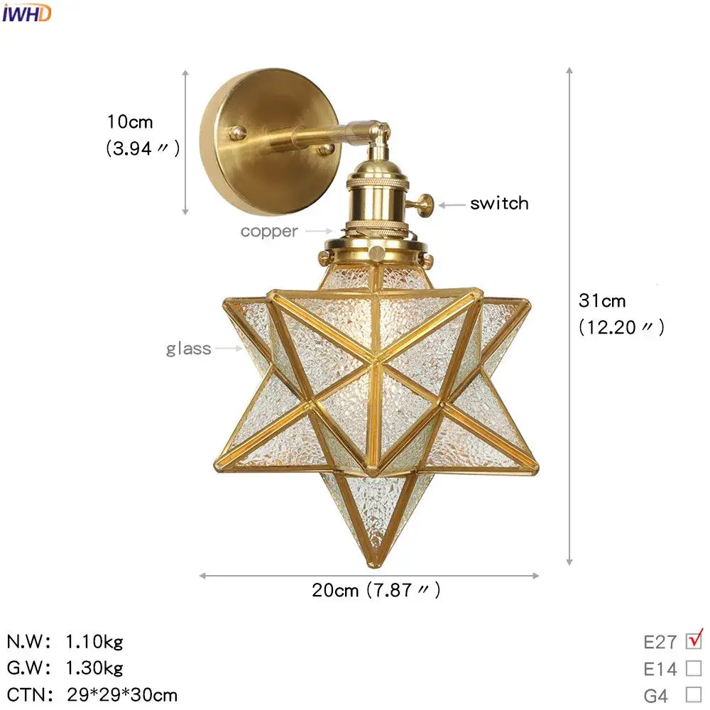 Vintage brass etched glass globe led wall light bedroom sconce