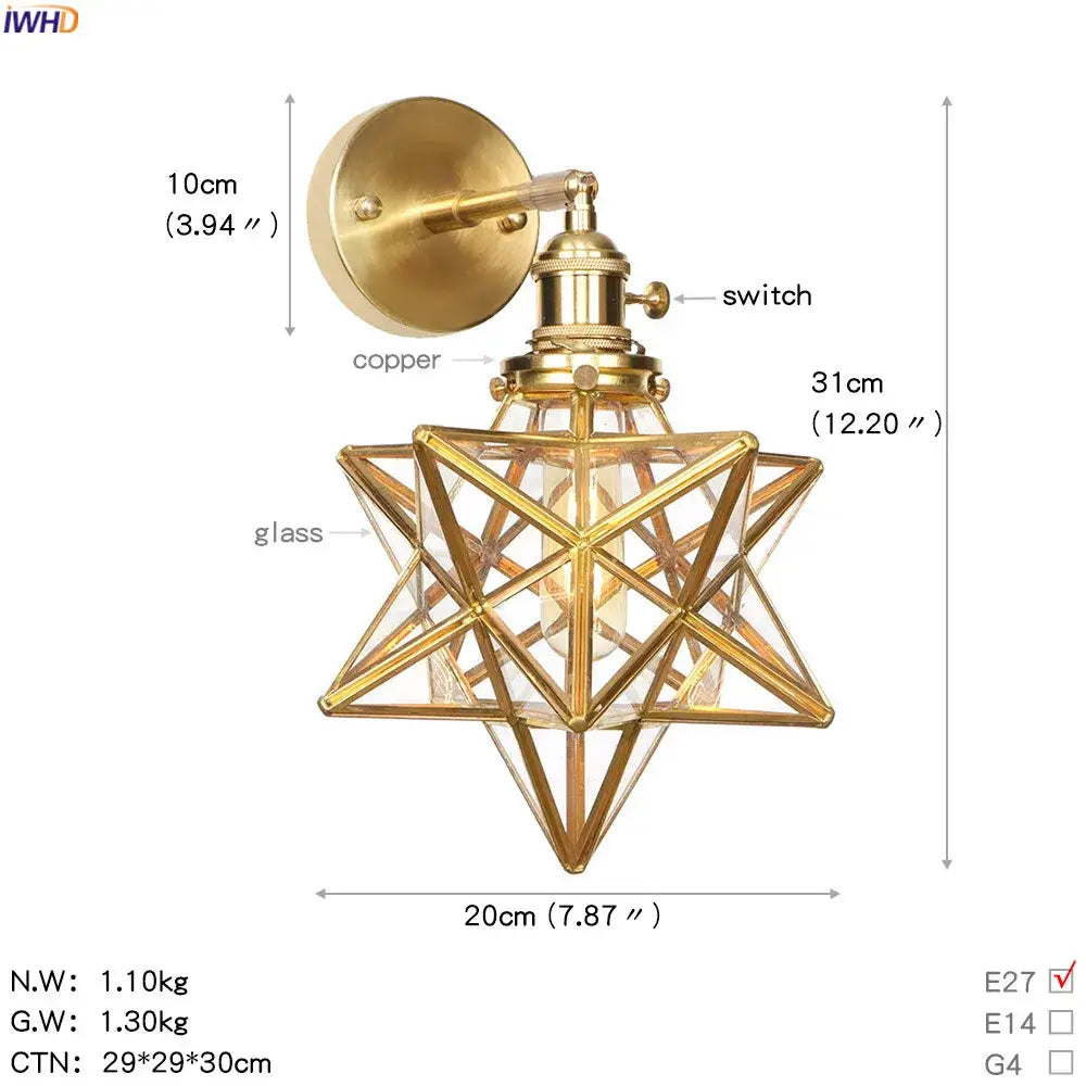 Vintage brass etched glass globe led wall light bedroom sconce