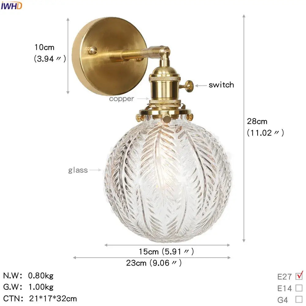 Vintage brass etched glass globe led wall light bedroom sconce