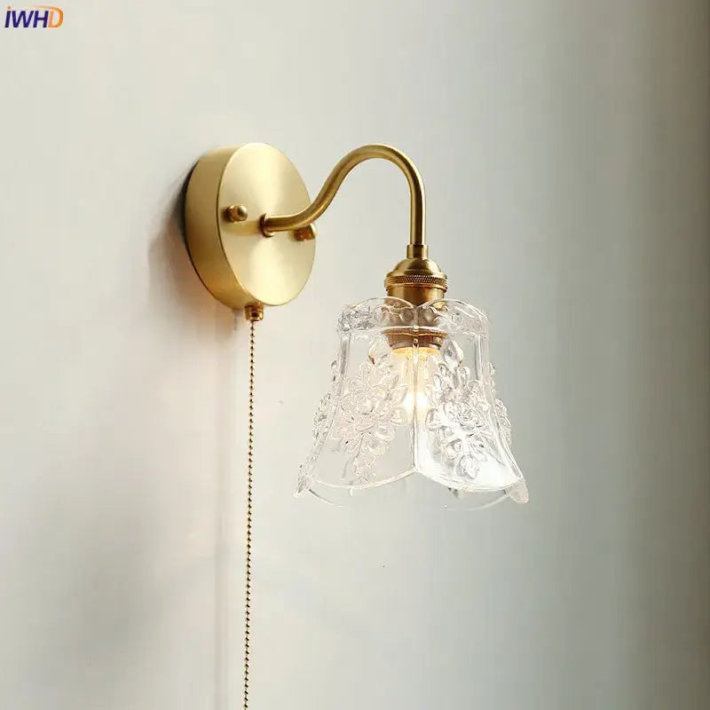 Vintage brass floral glass led wall sconce bathroom light pull chain