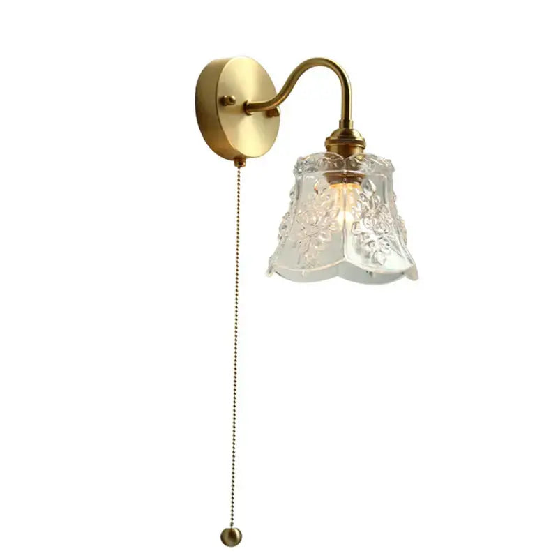 Vintage brass floral glass led wall sconce bathroom light pull chain