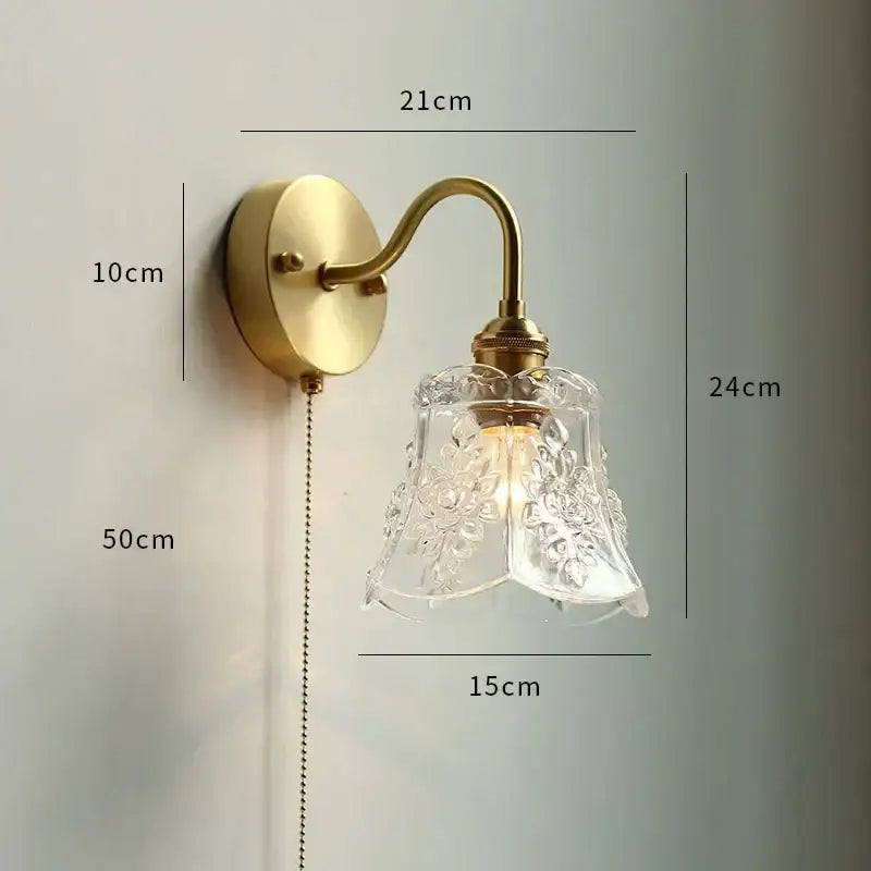 Vintage brass floral glass led wall sconce bathroom light pull chain