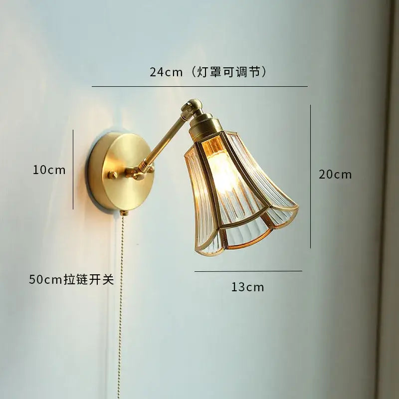 Vintage brass floral glass led wall sconce bathroom light pull chain