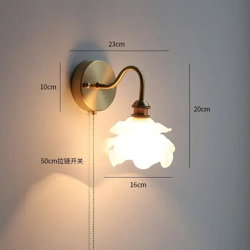 Vintage brass floral glass led wall sconce bathroom light pull chain
