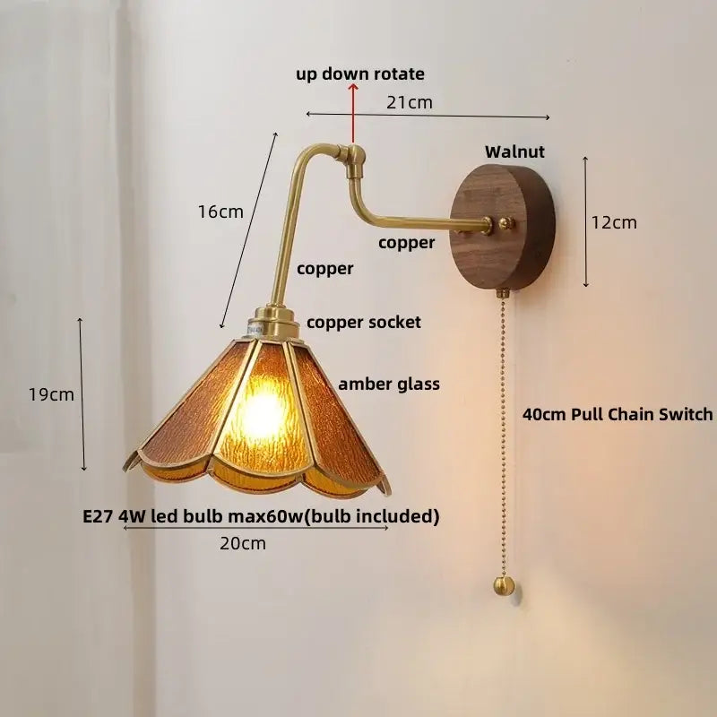 Vintage brass flower led wall lights with rotate pull chain bedroom