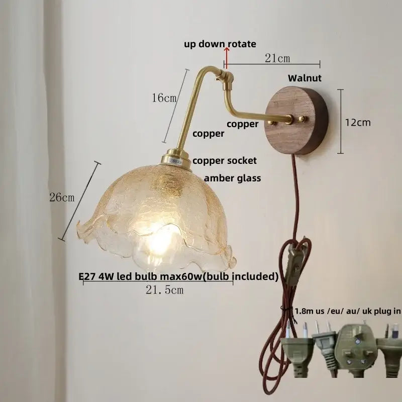 Vintage brass flower led wall lights with rotate pull chain bedroom
