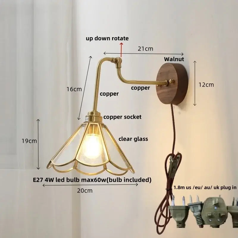 Vintage brass flower led wall lights with rotate pull chain bedroom