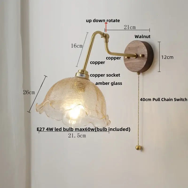 Vintage brass flower led wall lights with rotate pull chain bedroom