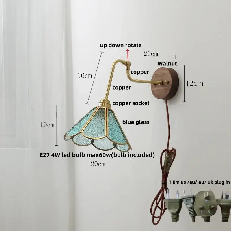 Vintage brass flower led wall lights with rotate pull chain bedroom