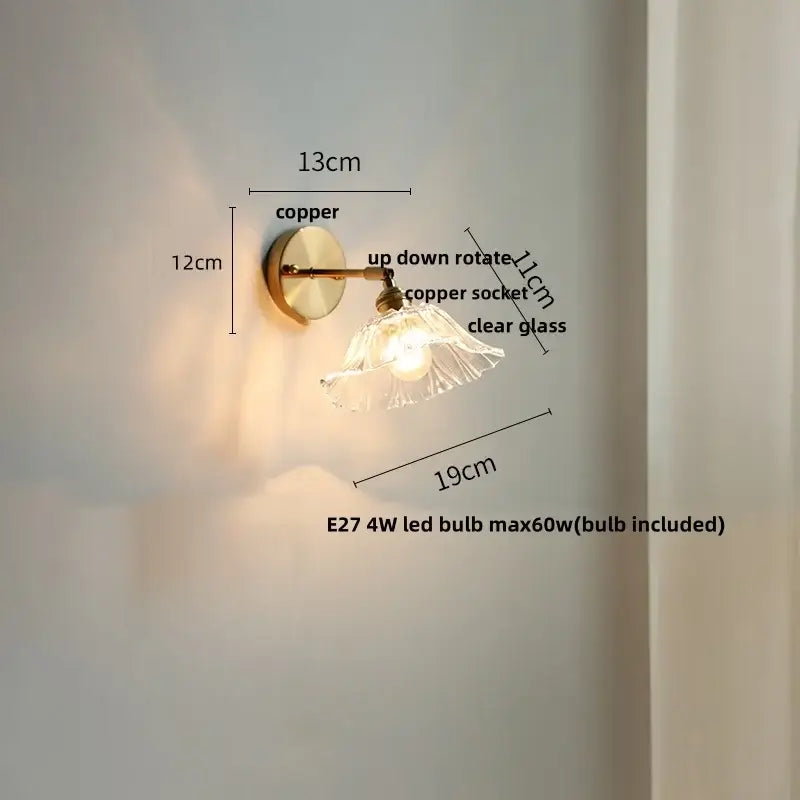 Vintage brass fluted glass bedside sconce wall light for bedroom