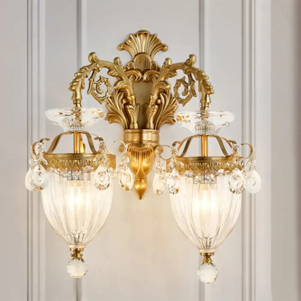 Vintage brass fluted glass wall lamp bedroom sconce with crystal