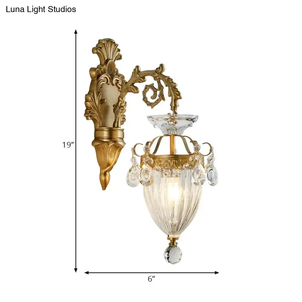Vintage brass fluted glass wall lamp bedroom sconce with crystal