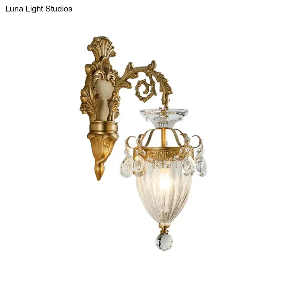 Vintage brass fluted glass wall lamp bedroom sconce with crystal