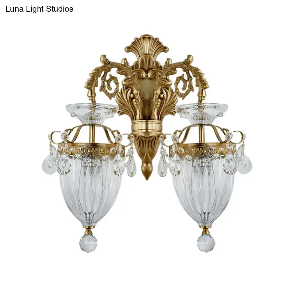 Vintage brass fluted glass wall lamp bedroom sconce with crystal