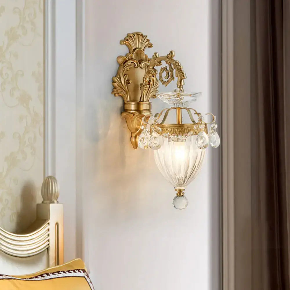 Vintage brass fluted glass wall lamp bedroom sconce with crystal