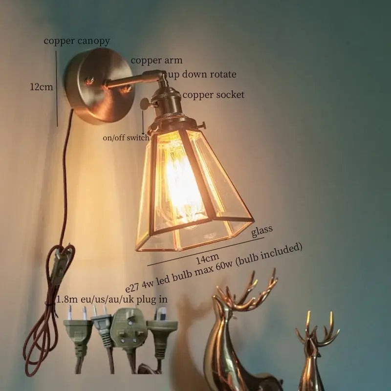 Vintage brass glass led wall light bathroom mirror sconce