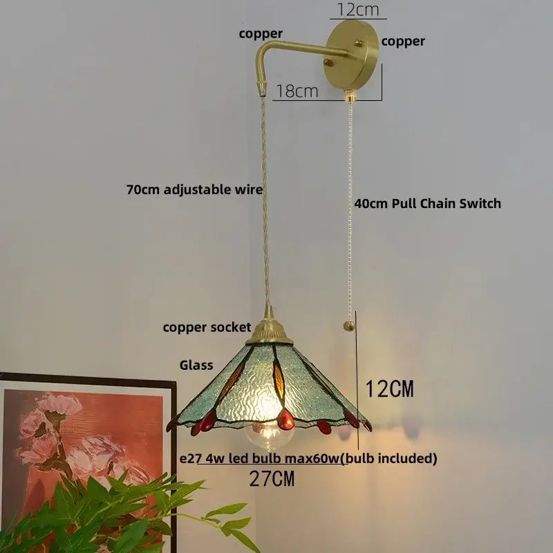 Vintage brass glass led wall sconce bedroom light with pull chain